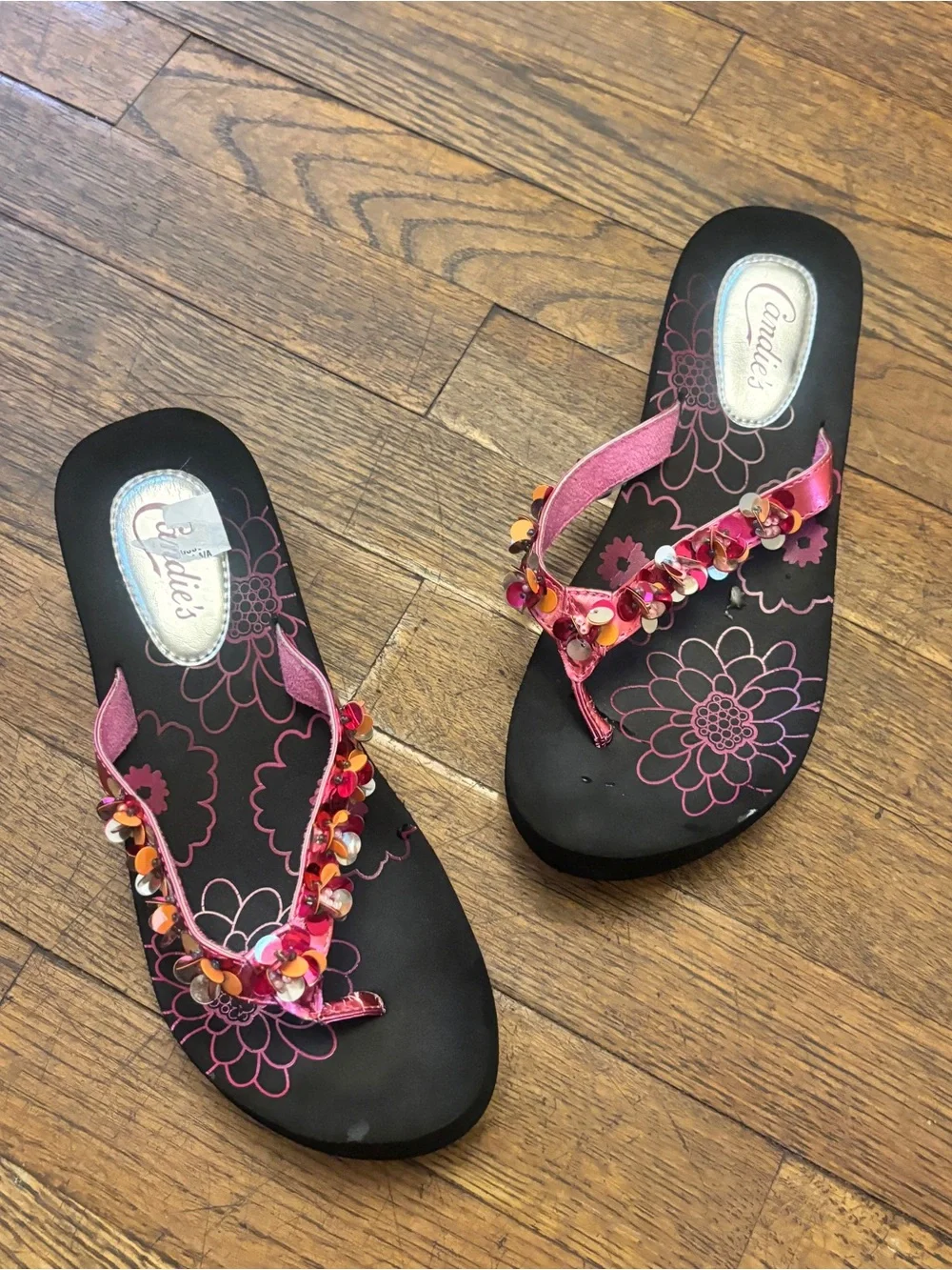 Candie's Black Sandals with Pink Floral Footbed and Beaded Pink Straps